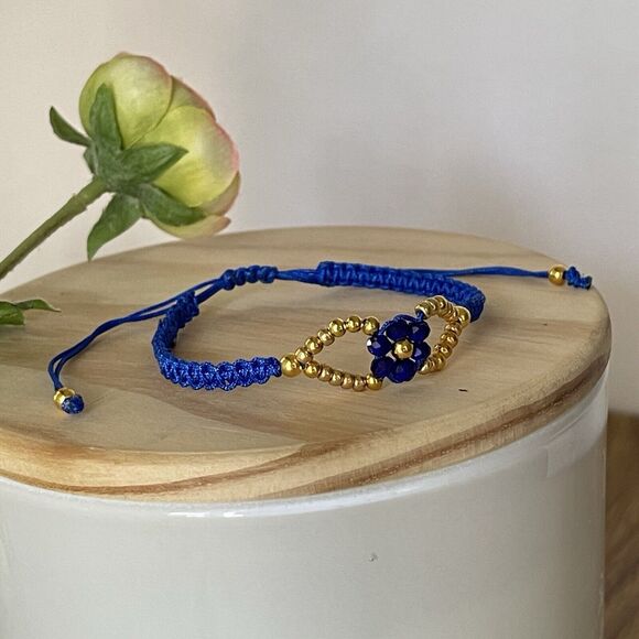 Handmade Blue Macrame Bracelet Gold Beads Flower Adjustable Boho Jewelry Gift - Picture 9 of 11